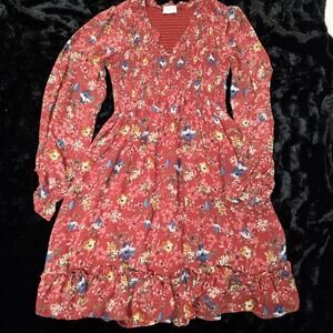 Hailey & Co Floral Mini Dress Women Small Rust Red Smocked Chiffon, GUC